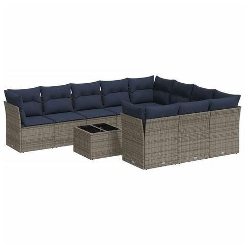 vidaXL Patio Sofa Set with Cushions 11 Piece, Sectional Sofa with Glass Table, Outdoor Conversation Set, Modern Style, Gray Poly Rattan