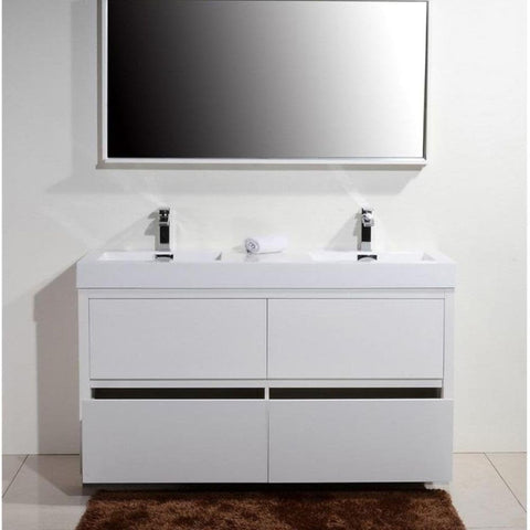 Oakestry Bliss 60 Inch Double Sink Freestanding Bathroom Vanity in High Gloss White with Integrated Acrylic Basins and Push Open Soft Close Drawers