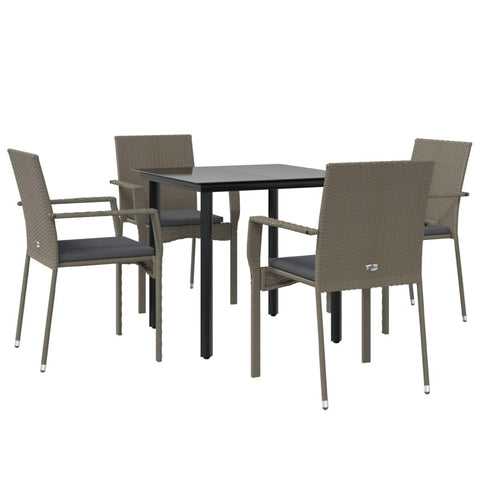 vidaXL Modern 5 Piece Black and Gray Patio Dining Set, PE Rattan and Powder-Coated Steel Frame, Weather- Outdoor Furniture, with Cushions and Tempered-Glass Top Table