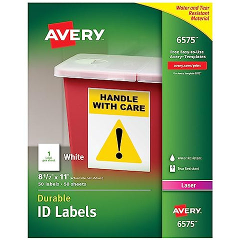 Avery Durable White Cover Up ID Labels for Laser Printers, 8.5" x 11", Pack of 50 (6575)