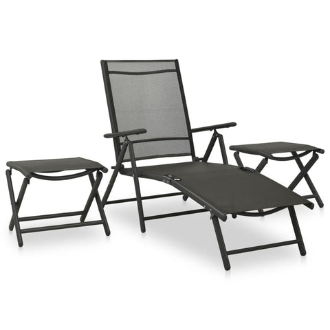 vidaXL 3 Piece Patio Lounge Set with Adjustable Armchair and Footrests/Coffee Tables - Textilene and Aluminum Construction, Black Color