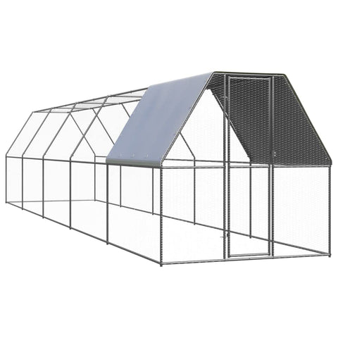 vidaXL Outdoor Chicken Cage - Galvanized Steel Animal Enclosure with Locking Gate and Weather-Resistant Polyethylene Roof - Size 6.6' x 32.8' x 6.6