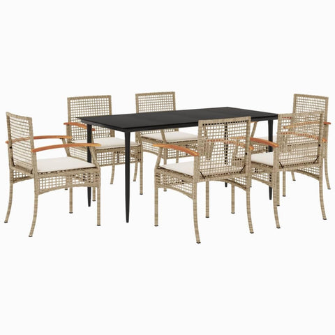 vidaXL Garden Dining Set with Cushions 7 Pieces, Table and Chairs, Relaxing Armchairs, Seats for Patio Terrace, Synthetic Rattan Beige