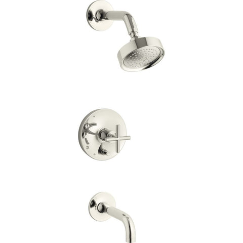 KOHLER K-T14421-3-SN Purist Rite-Temp Pressure-Balancing Bath and Shower Faucet Trim with Push-Button Diverter, 7-3/4" Spout and Cross Handle, Valve Not Included, Vibrant Polished Nickel