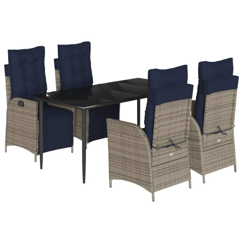 vidaXL 5-Piece Patio Dining Set - Gray Poly Rattan with Navy Blue Cushions, Adjustable Recliner Chairs, and Tempered Glass Tabletop