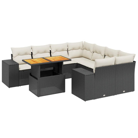 vidaXL 9 Piece Modular Garden Sofa Set with Cushions in Black and Cream Rattan | Durable Outdoor Furniture Perfect for Patio Balcony Or Seating Sets Lounge Poly PE Sectional