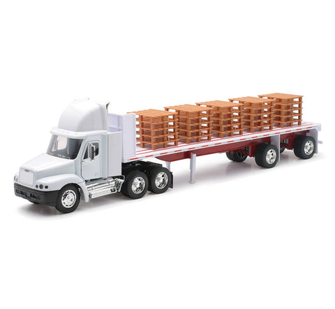 New-Ray Freightliner Century Class Flatbed Truck, 1:32 Scale, White, Die Cast w/Plastic, Openable Door, Kid, 4 x 24 x 7 inches
