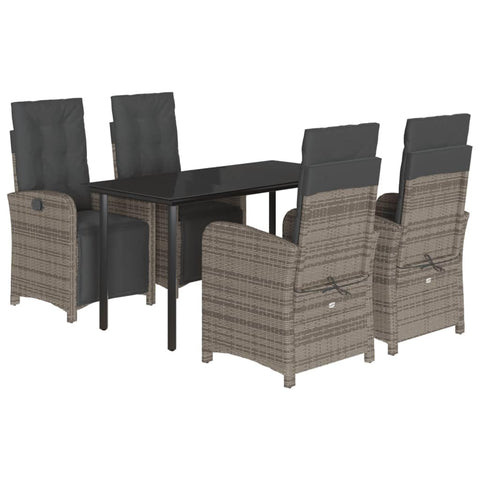 vidaXL - 5 Piece Patio Dining Set/4 Reclining Chairs with Cushions/Gray Poly Rattan/Washable Covers/Black Tempered Glass Table/Outdoor Garden Furniture