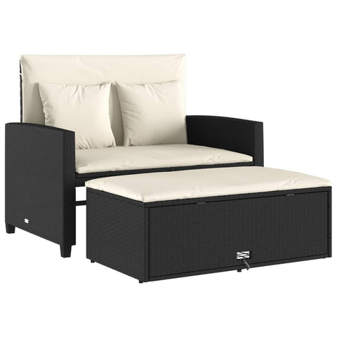 vidaXL Patio Sofa 2-Seater Garden Bench Storage Bed - PE Rattan, Black/Cream, UV-, Outdoor Lounge, 45.3"x29.5"x35.8"