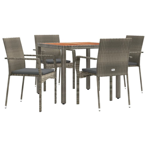 vidaXL 5 Piece Patio Dining Set - Modern Outdoor Furniture Set with Cushions, Poly Rattan Material, Gray Color, Comfortable Seating with Acacia Wood Table Top