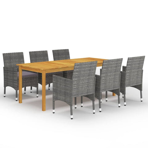 vidaXL 7 Piece Outdoor Dining Set with Cushions Grey Acacia Wood Table and PE Rattan Chairs Fits 6 People Perfect for Garden Patio Deck Furniture Rectangular Adults