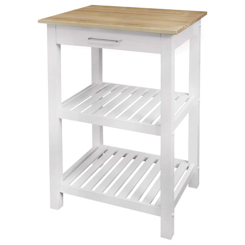 Oakestry Sunrise Small Kitchen Island Natural White Solid Hardwood Top Compact Rolling Cart Storage Shelves Drawer Durable Stylish Space Saving Modern Prep Station Functional Narrow Kitchen Furniture