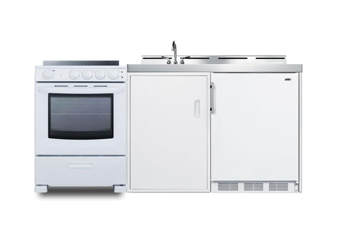 Summit 72" All-in-One Kitchenette with Electric Range, Refrigerator-Freezer, Sink, White- ACK72ELSTW