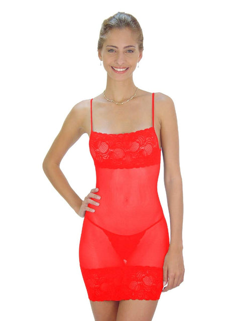 Sheer Chemise with Lace Trim and Matching Lace G-String, XL, Red