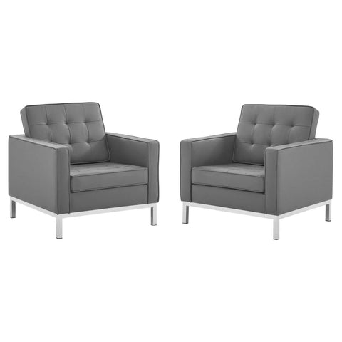 Modway Loft Tufted Vegan Leather Upholstered Living Room Armchairs in Silver Gray - Set of 2