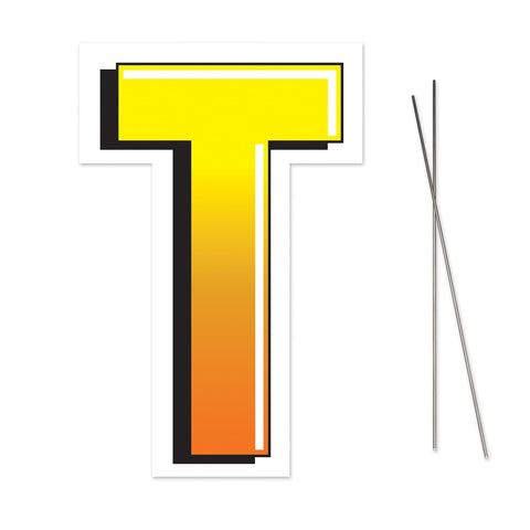 Beistle Plastic Letter T Yard Sign with Metal Stakes Happy Birthday Party Outdoor Lawn Decoration, 18" x 11.75", Yellow/Orange/White/Black