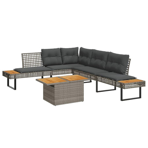 vidaXL L Shaped Garden Sofa Set with Cushions in Grey Poly Rattan and Acacia Wood Adjustable Tabletop Seats 6 UV Resistant Weatherproof Outdoor Furniture Patio Lounge Conversation Wicker