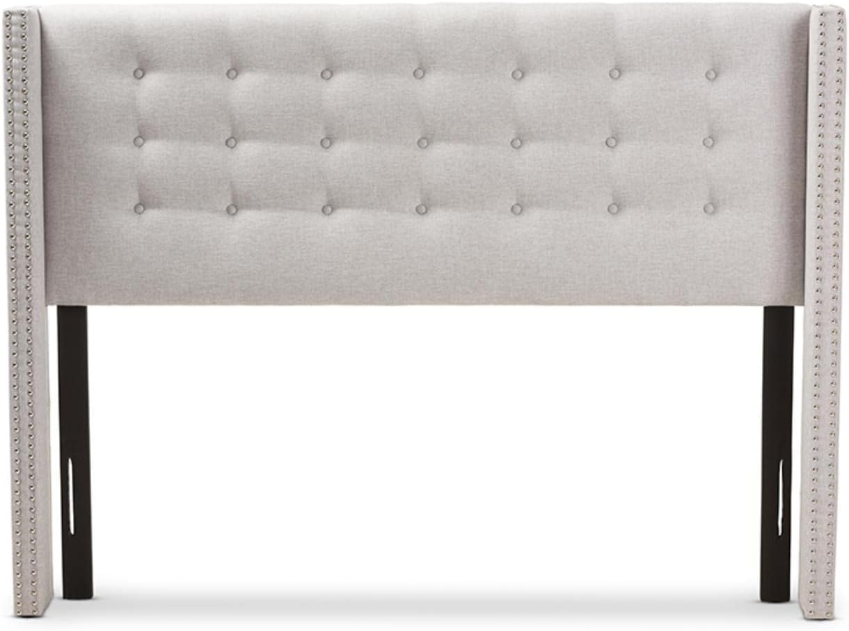 Baxton Studio Ginaro Modern and Contemporary Greyish Beige Fabric Button-Tufted Nail Head Queen Size Winged Headboard/Contemporary/Fabric Polyester 100%&#34;/LVL/MDF/Foam/Greyish Beige