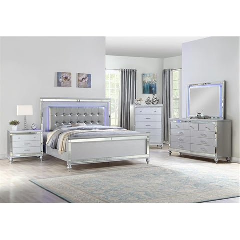 Matrix Furniture Group Sterling Full 5 PC LED Bedroom Set Made with Wood in Silver Color