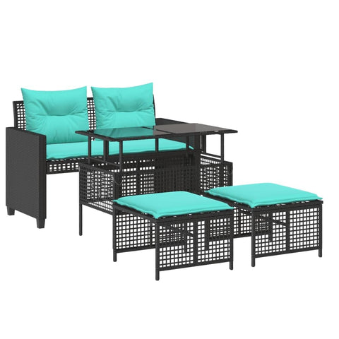 vidaXL Patio Sofa Set with Cushions 4 Piece, Sectional Sofa with Glass Table, Outdoor Conversation Set, Garden Lounge Set, Black Poly Rattan Glass