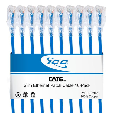 ICC CAT6 Slim Ethernet Patch Cord with Clear Boot Strain Relief, RJ45, Stranded, 550 MHz, UTP, Pure Bare Copper Wire, 28 AWG, LAN Network Patch Cable, Blue, 10 FT, 10-Pack