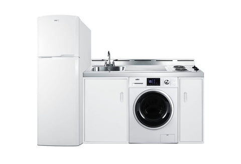 All-in-one combination kitchenette with full-sized refrigerator-freezer 115V combo washer/dryer sink storage cabinet and 2-burner coil cooktop