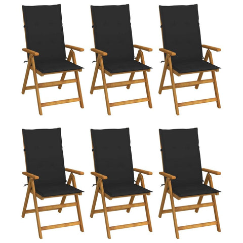 vidaXL Acacia Wood Outdoor Recliner Chairs - 6 Pcs Set w/Black Cushions, 5-Position Adjustable, Foldable Patio Chair for Garden, Terrace, Deck.