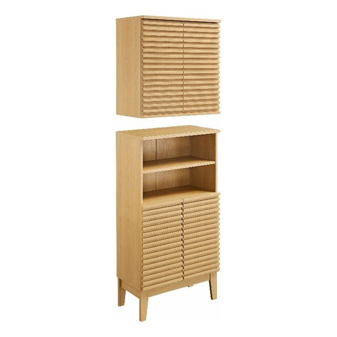 Modway Render Bathroom Cabinet Set in Oak - Freestanding Linen Cabinet and Wall Mounted Storage with Slatted Doors, Adjustable Shelves