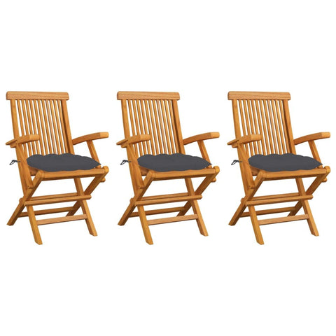 vidaXL Solid Teak Wood Patio Chairs Set with Anthracite Cushions - 3 Pieces, Fine Sanded Finish, Lightweight and Foldable for Easy Storage, Suitable for Garden, Terrace, and Patio