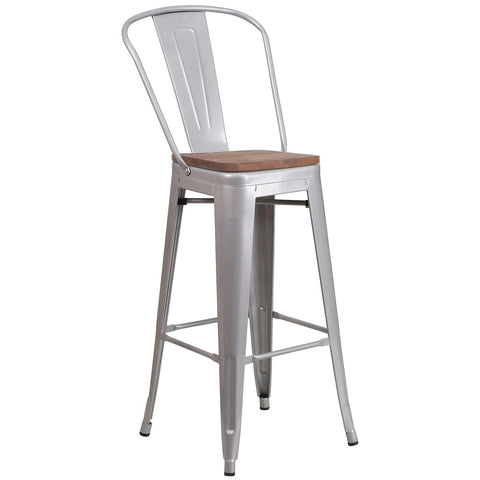Flash Furniture Carly 24" High Crystal Teal-Blue Metal Counter Height Stool with Back and Wood Seat