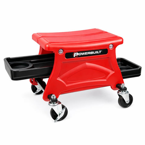 Powerbuilt Rolling Garage Seat with Tool Trays, Smooth Ball Wheel Bearing Casters 300 Pound Capacity Stool, Detailing, Motorcycle, Gardening - 240283