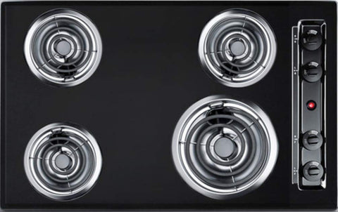 Summit 30" 4 Burner Electric Cooktop. 230 Volt Coil Electric Cooktop, Black- TEL05