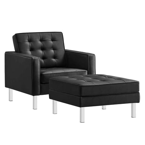 Modway EEI-6409-SLV-BLK-SET Loft Tufted Vegan Leather Armchair and Ottoman Set, Silver Black