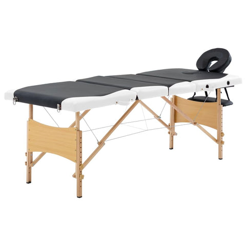 vidaXL Foldable 4-Zones Massage Table - Durable Wood and Faux Leather Material, Adjustable Headrest and Arm Support, Includes Carrying Bag - Black and White