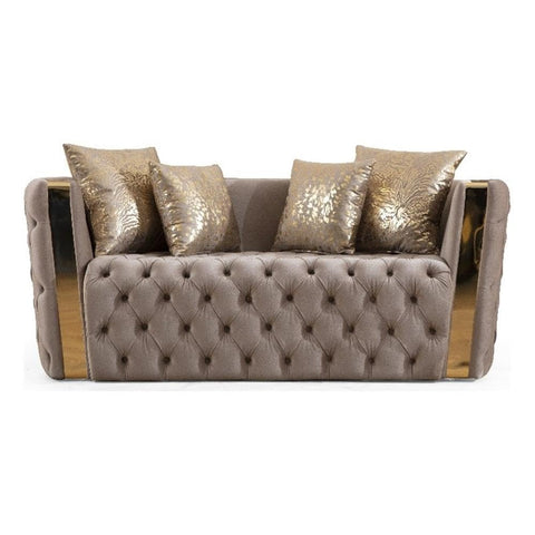 Matrix Furniture Group Naomi Button Tufted Loveseat with Velvet Fabric and Gold Accent in Off White