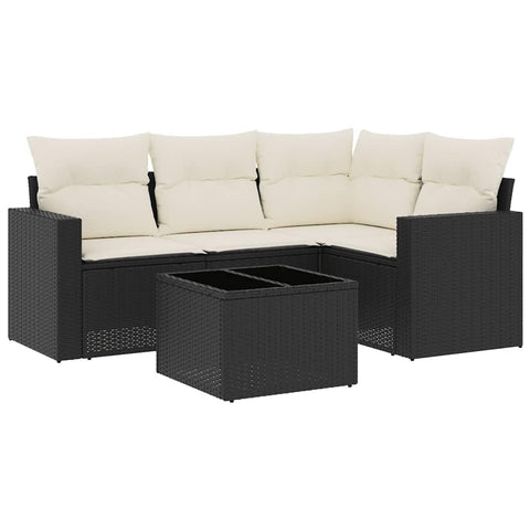 vidaXL Patio Sofa Set with Cushions 5 Piece, Sectional Sofa with Glass Table, Outdoor Conversation Set, Patio Furniture, Black Poly Rattan