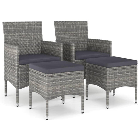 vidaXL 4-Piece Patio Chairs and Stools Set - PE Rattan Outdoor Furniture for Garden, Patio - Gray with Cushions