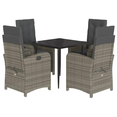 vidaXL 5 Piece Patio Dining Set with Cushions - Gray Poly Rattan, Adjustable Reclining Chairs, Tempered Glass Table, for Outdoor Garden, Backyard, Balcony