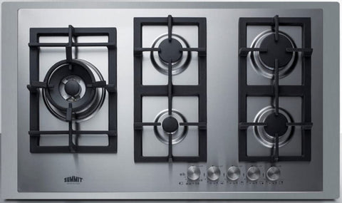 Summit 36" 5 Burner Propane Cooktop, Stainless steel, Cast Iron, With Stainless Steel Trim Kit - GCJ536SSLPTK