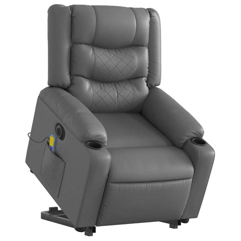 vidaXL Electric Stand Up Massage Recliner Chair - Faux Leather Armchair with Lift, Recline, Vibration, Cupholders, Gray