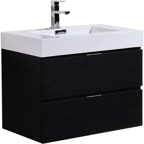 Oakestry Bliss 30 Inch Wall Mounted Bathroom Vanity Black Finish Modern Floating Cabinet with Integrated Ceramic Sink and Soft Close Door for Medium Size Bathrooms
