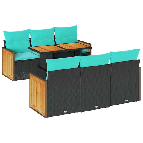vidaXL 7 Piece Patio Sofa Set with Cushions Black Poly Rattan Acacia, Garden Sofa Set, Garden Lounge Set, Poly Rattan Sofa Set, Outdoor Sofa Set