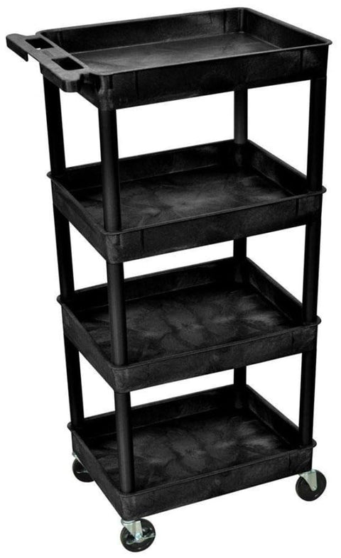 Luxor STC1111-B, 4 Shelf Tub Utility Cart, Heavy Duty Plastic Rolling Utility Cart, 24"W x 18"D x 44"H, 300 lb Capacity, Multipurpose Storage Cart, Black