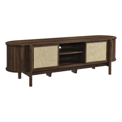Modway Reid 61 Inch TV Stand in Walnut - Curved Oval Media Console with Rattan Sliding Doors and Open Shelves - Mid-Century Modern Entertainment Center for Flat Screen TVs up to 68”