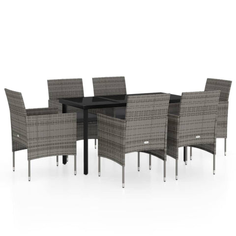 vidaXL 7 Piece Garden Dining Set with Cushions Grey and Black PE Rattan Table Chairs Outdoor Furniture for Patio Balcony Chair Seats