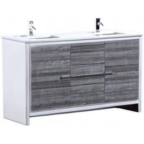Oakestry Dolce 60 Inch Ash Gray Double Sink Freestanding Modern Bathroom Vanity with White Quartz Countertop and Soft Close Drawers