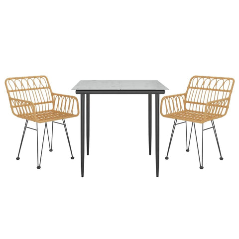 vidaXL Modern Poly Rattan Patio Dining Set - 3 Piece Outdoor Furniture with Steel Frame and Tempered Glass Tabletop in Brown, Blackbrown, 3157845
