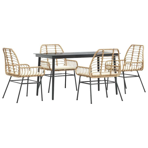 vidaXL 5 Piece Garden Patio Dining Set â€“ Poly Rattan Outdoor Table Chairs with Cushions, Tempered Glass top, Weather-, Brown