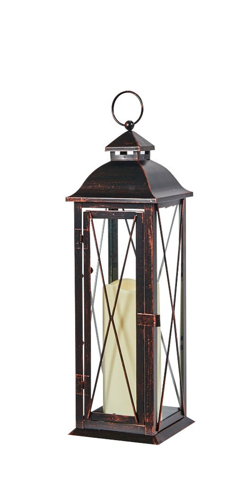Smart Design STI84036LC Siena Metal Lantern with LED Candle, 16-Inch Tall, Antique Brown Finish, Includes Realistic Candle Powered by One Amber LED, Suitable for Both Indoor and Outdoor Use