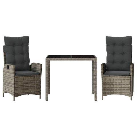 vidaXL Garden Dining Set 3-Piece Garden Furniture Set Table with 2 Chairs, Garden Set with Cushions, Patio Dining Set, Grey Poly Rattan
